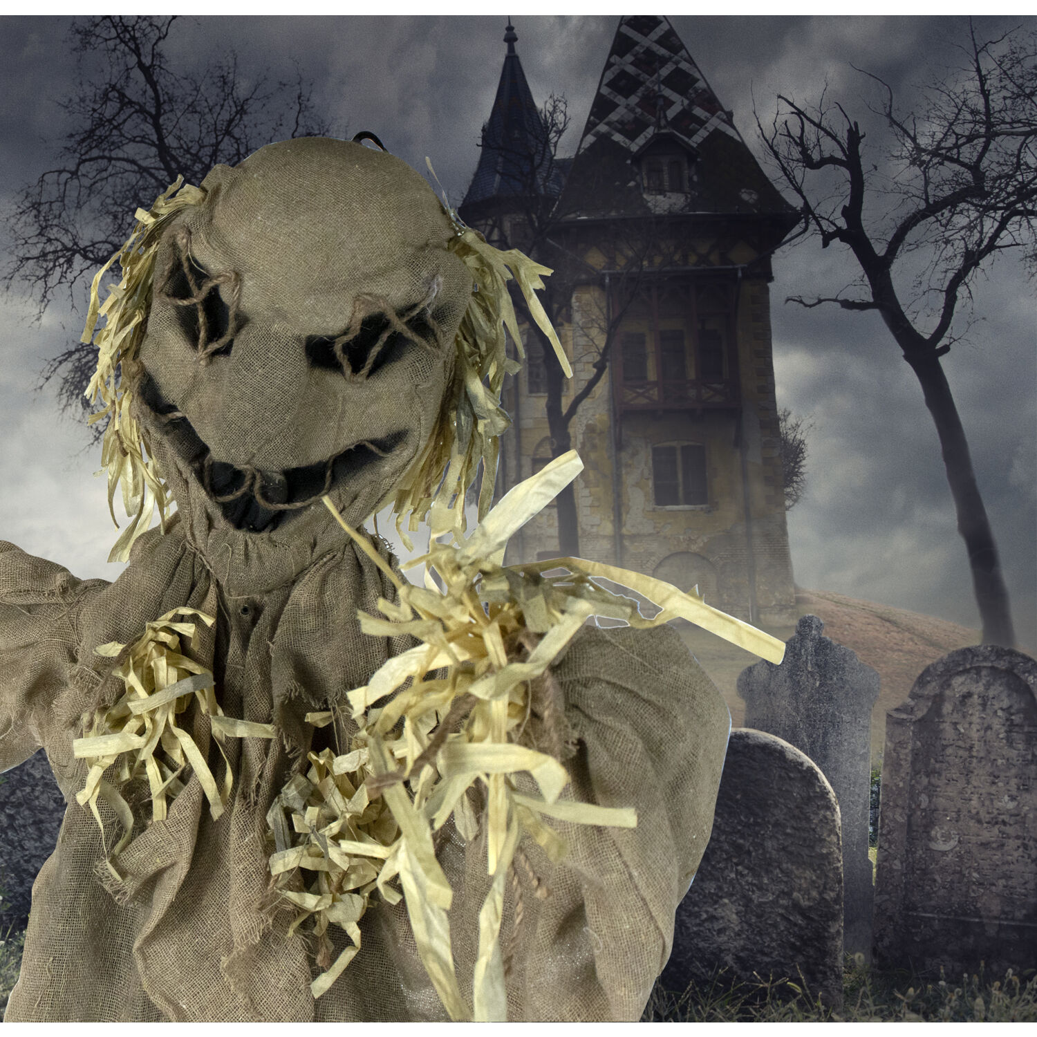 Haunted Hill Farm Life-Size Animatronic Scarecrow, Indoor/Outdoor Halloween Decoration, Multi-Color