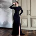 thumbnail image 2 of Women Black Rhinestone Mermaid Evening Gown High Neck Long Sleeve Side Split Formal Maxi Dress, 2 of 6