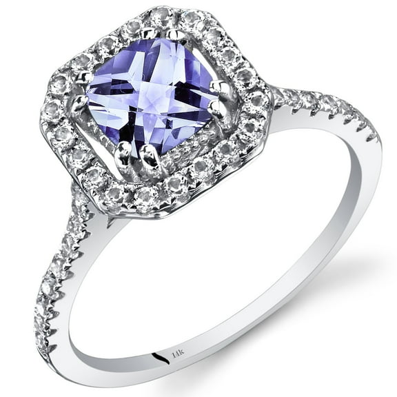 PEORA Tanzanite Ring for Women 14K White Gold with White Topaz, Genuine Gemstone, 1 Carat Cushion Cut 6mm, Halo Design, Size 9