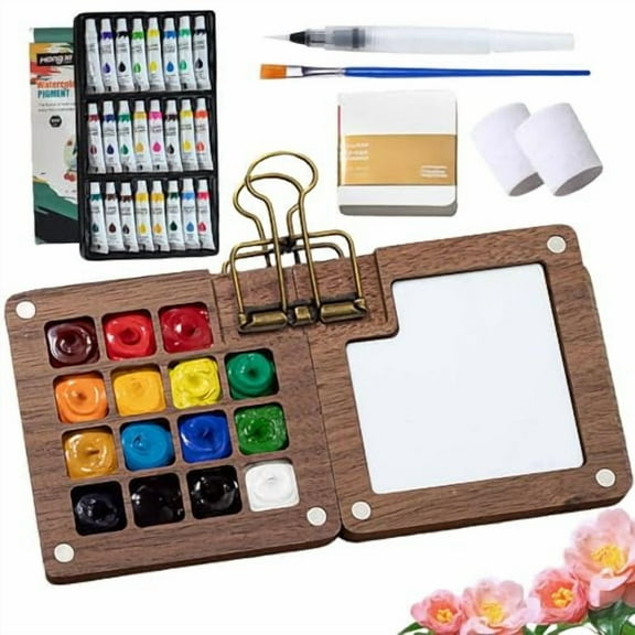 Tobio Watercolor Kit, 2025 New Tobio Mini Watercolor Set with A Picture Book & Wrist Towels, Mini Watercolors Paint Set for Beginners with 12/24 Color Paints (Walnut-15 Grids)