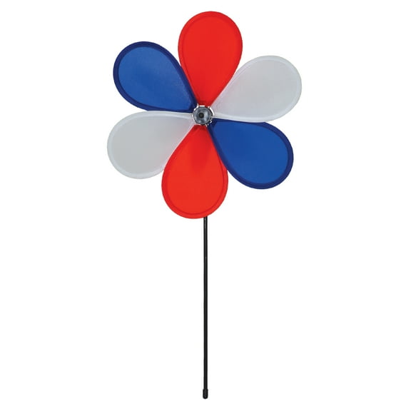 In the Breeze 2885 — 6-Petal Fabric Patriot Flower Spinner, 12-Inch — Colorful Red, White & Blue Flower Spinner for Yards, Gardens, Flower Pots