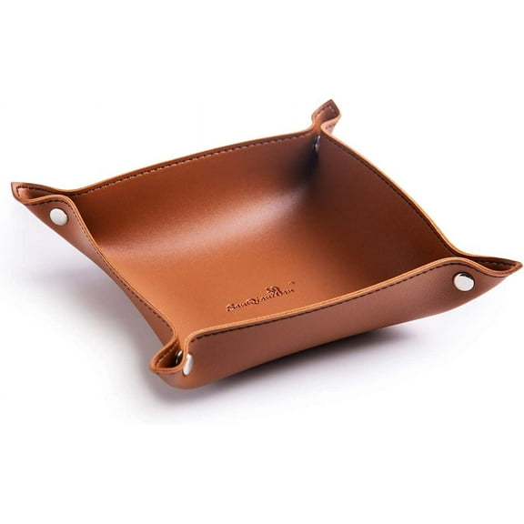 Leather Jewelry Valet Tray for Women and Man, Portable Entryway Table Tray,Bedside Nightstand Desk Tray,Small Catchall Travel Dish Plate for Key,Wallet,Watch,Coin (Brown)