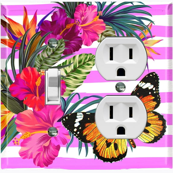 Metal Light Switch Plate Cover Hibiscus Flower Wreath Butterfly Pink Stripes FLW034