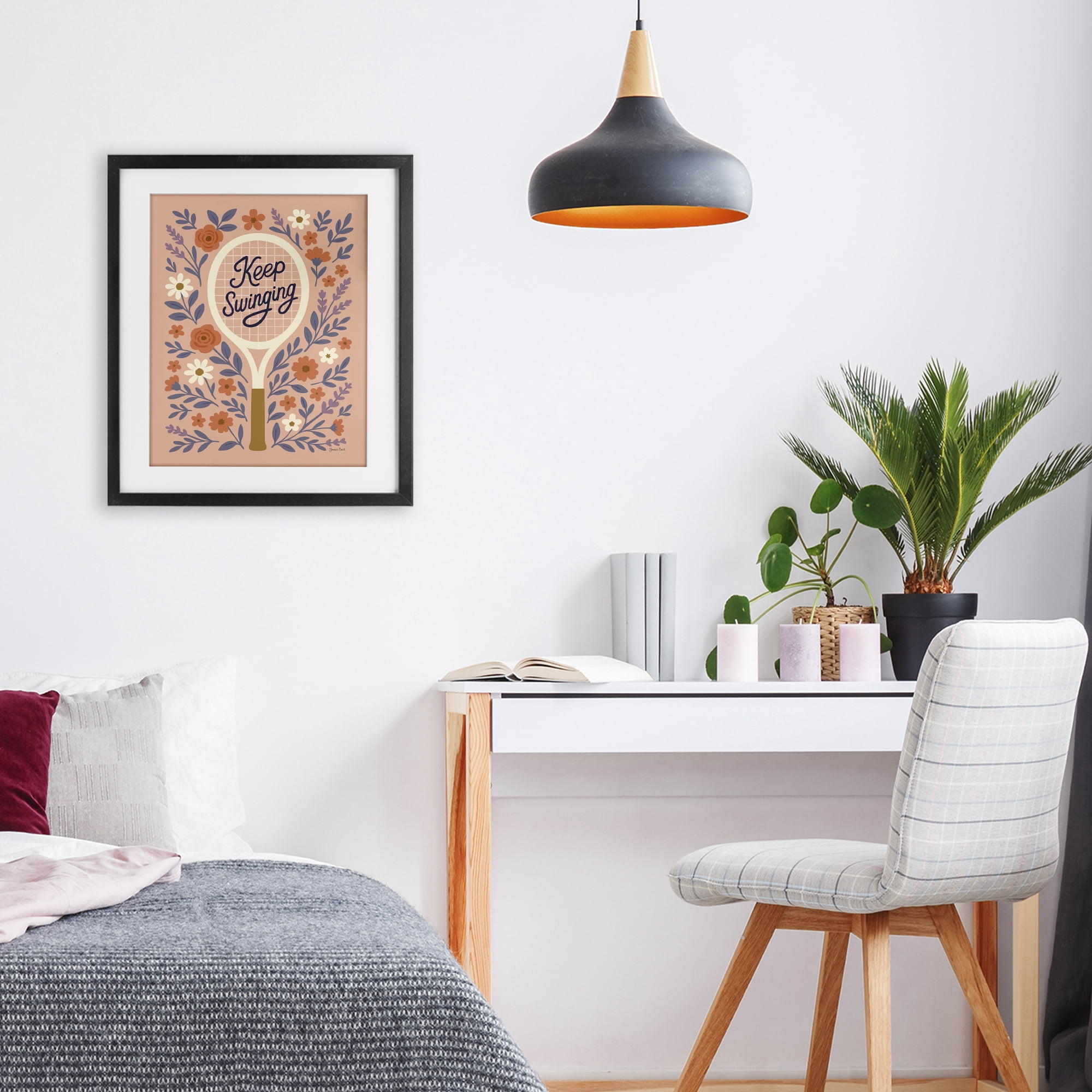 Stupell Industries Keep Swinging Floral Tennis Black Framed Print Under Glass, design by Jessica Beck