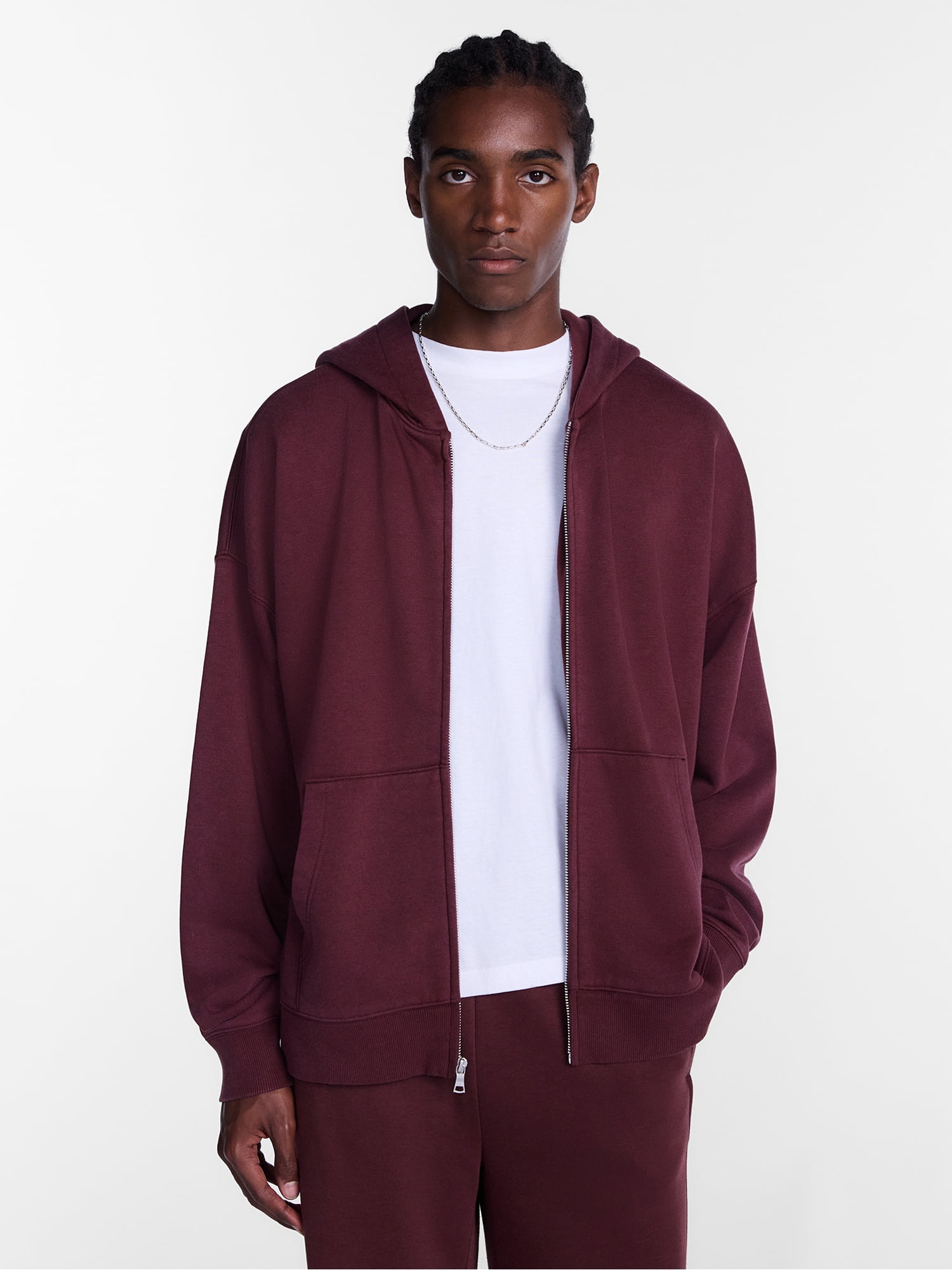 No Boundaries Boxy Oversized Fit Fleece Zip Hoodie Sweatshirt with Long Sleeves, Men's XS-4XLT