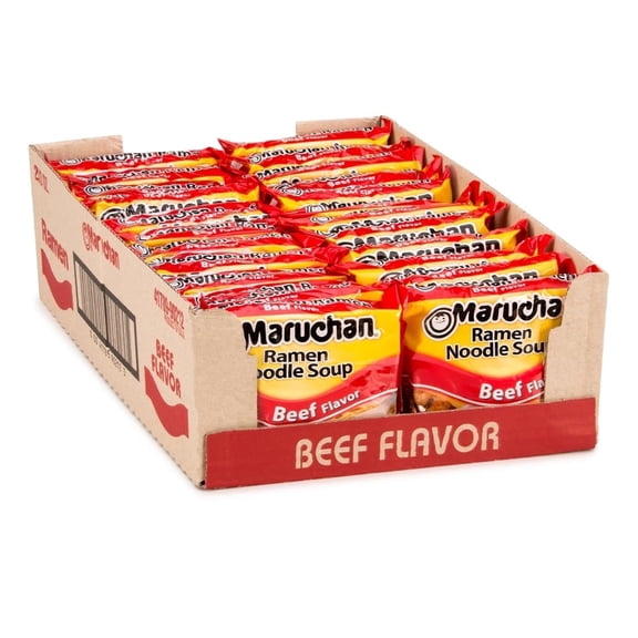 Maruchan Beef Flavor Ramen Noodle Soup, 3 oz Packs, Value Box of 24