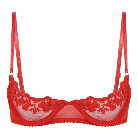 

iiniim Woman s Lace Sheer Push Up Shelf Bra Lingerie Underwired Balconette 1/4 Cup Hollow Out Bralette