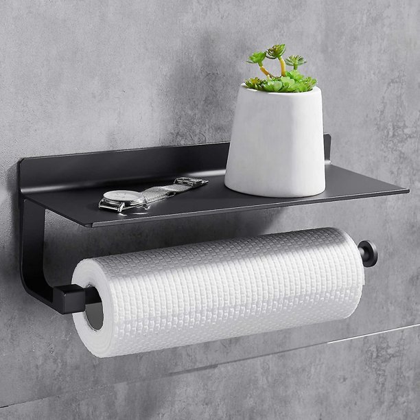 Portarrollos de cocina sin perforación, soporte para toallas de papel montado en la pared, soportes para toallas de papel con dispensador de papel espacioso, rollos para cocina, negro
