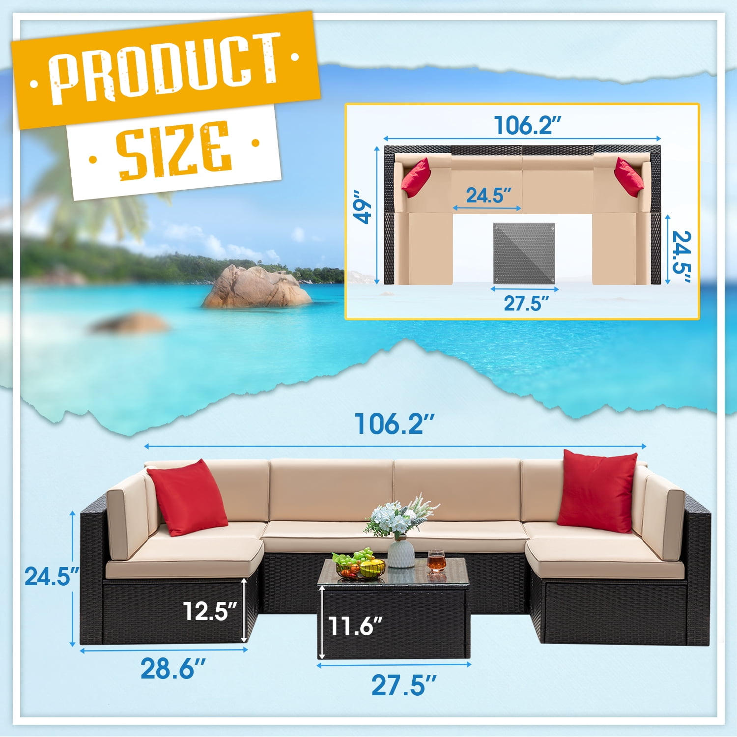 Devoko 7 Pieces Outdoor Sectional Sofa Patio Furniture Sets Manual Weaving Wicker with Cushion and Glass Table, Beige