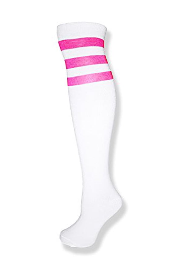 Unisex White Knee High Team Tube Socks with Various Colored Stripes (White w/Neon Pink)