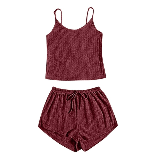FAIWAD Women's 2 Sets Ribbed Pajamas Set Sleeveless Crop Top and Shorts Breathable Loungewear Set