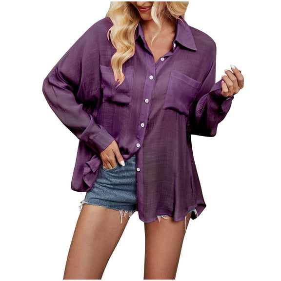 Besolor Women's Fall Button down Shirt Casual Lightweight Lapel Long Sleeve Oversized Blouses Tops with Pockets