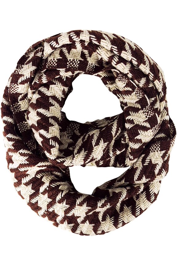 Womens Fashionable Thick Knitted Warm Houndstooth Infinity Loop Scarf (Brown)