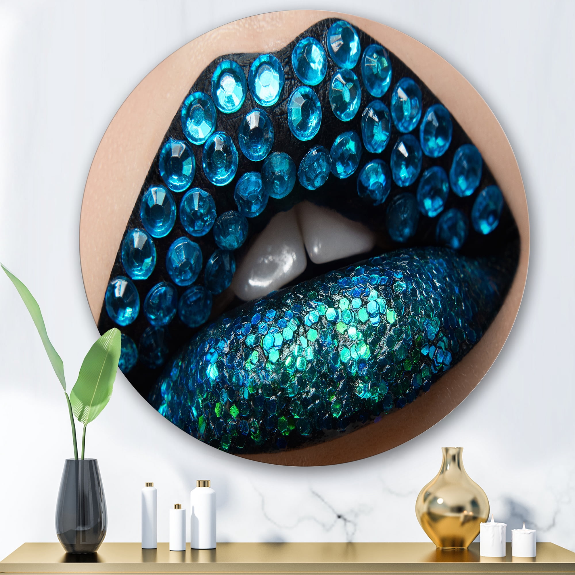 Designart 'Woman Lips With Black Lipstick Blue Diamonds' Modern Circle Metal Wall Art 29x29 - Disc of 29