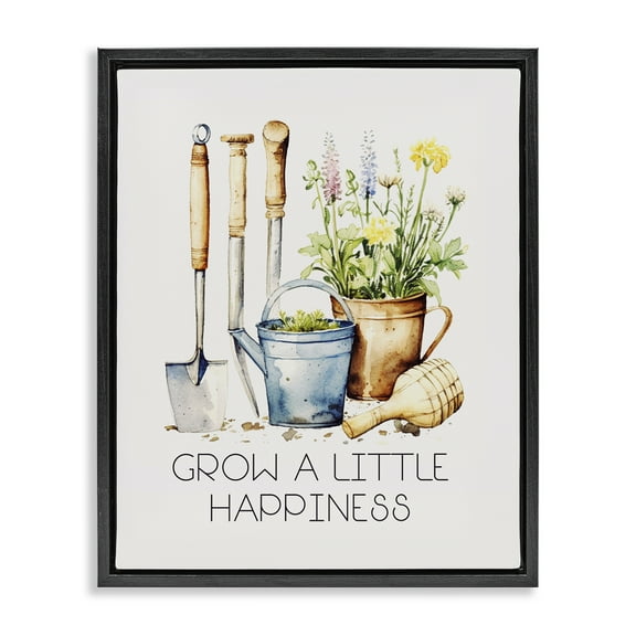 Stupell Industries Grow Happiness Gardening Plants & Flowers Painting Black Floater Framed Canvas Art Print Wall Art, 17 x 21