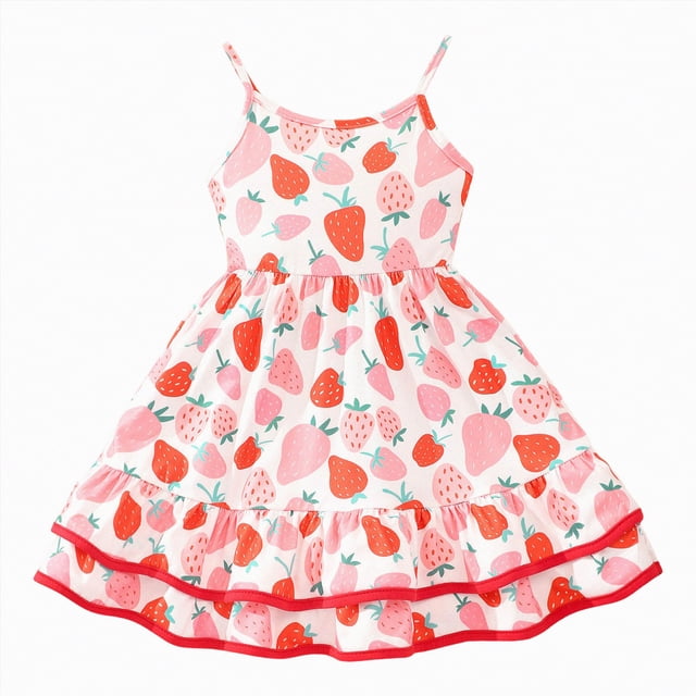 NIEWTR Robes Classiques pour Filles avec Bretelles Spaghetti Appliquées Robes Confortables Mignonnes Robe d'Été (Rouge, 2-3 Ans)