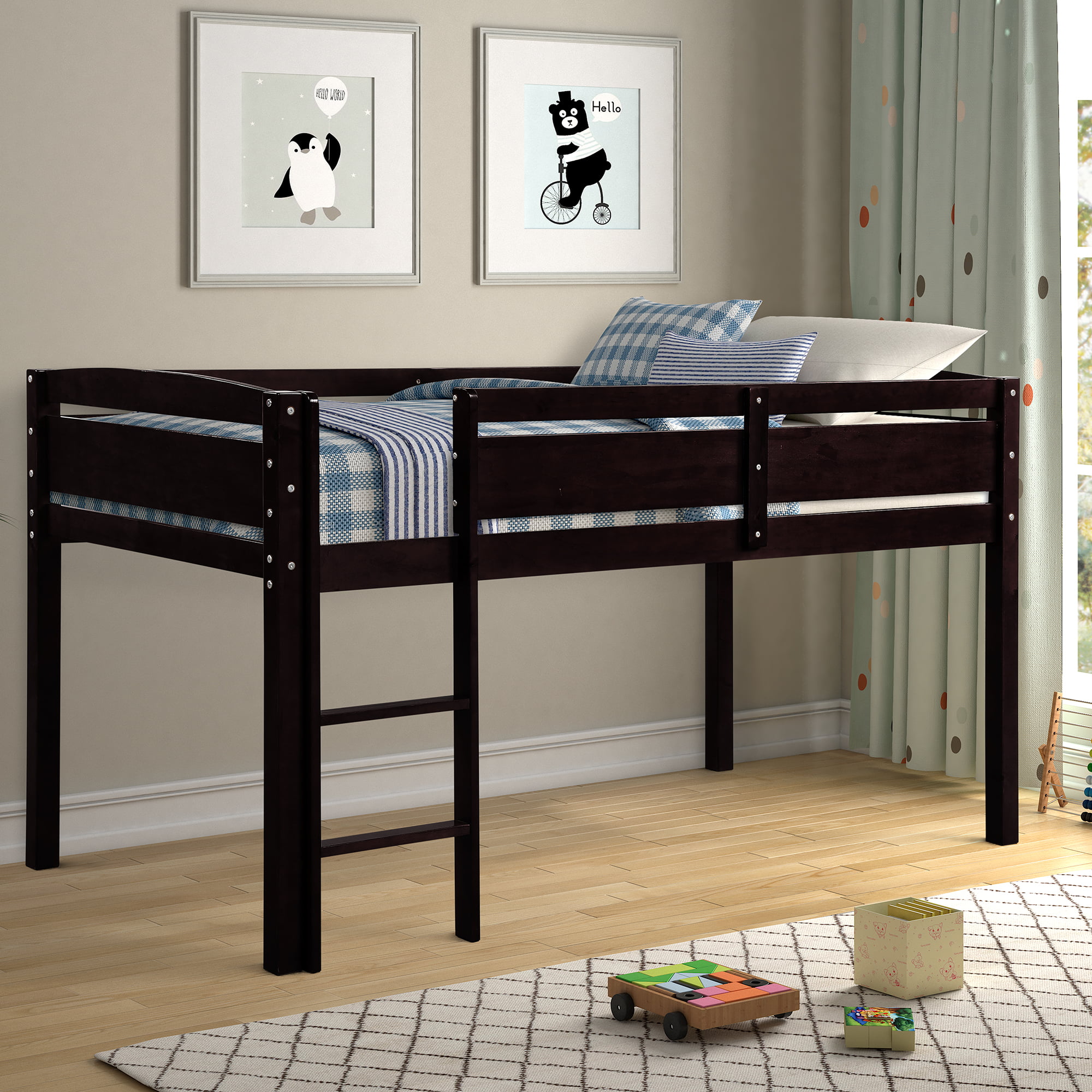 Twin Loft Bed Frame for Kids, URHOMEPRO Heavy Duty Wooden Bunk Bed Low