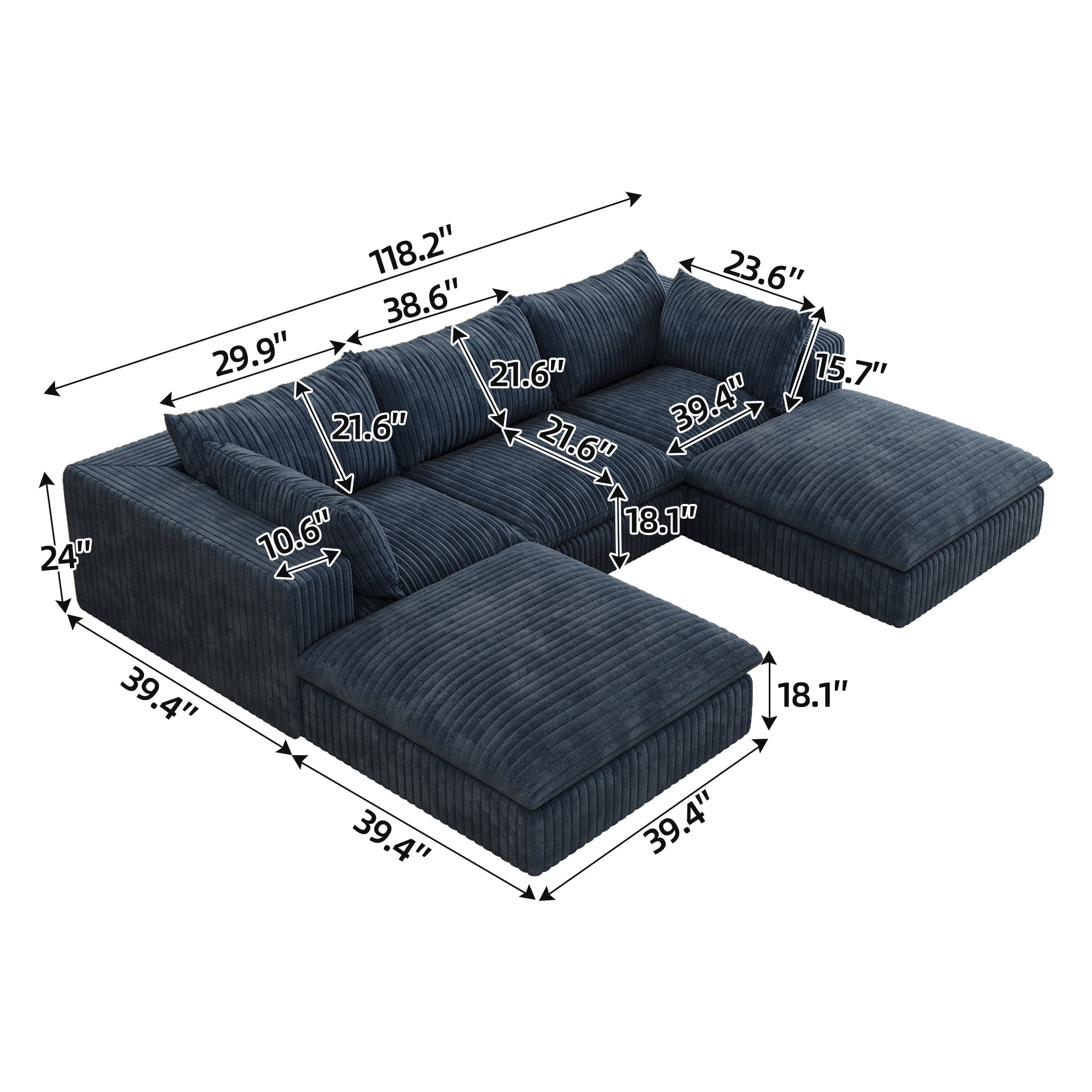 Muumblus 118" Oversized Modular Sectional Sofa with 2 Movable Ottomans, U-Shaped Deep Seat Corduroy Cloud Couch, No Assembly Boneless Sleeper Sofa for Living Room, Blue