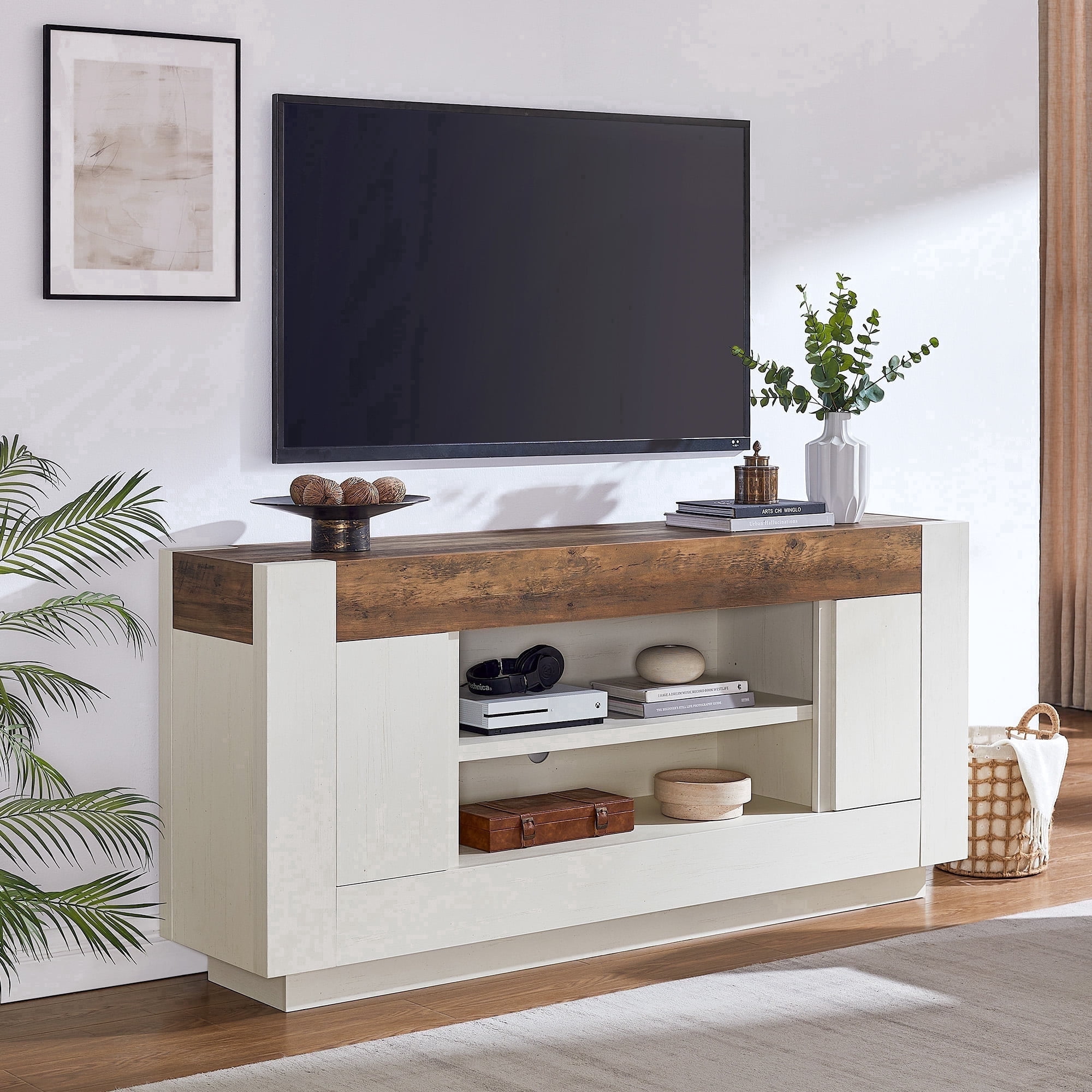 KeyWhat 70" Modern Farmhouse TV Stand for TVs up to 80", Open Storage & Adjustable Shelves
