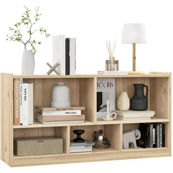 2-Tier Bookcase, 5 Cube Wood Storage Cube Bookshelf, Floor Standing Display Storage Shelf with Non-Slip Foot Pads, Storage Organizer Bookcase for Home Office, Living Room (Natural)