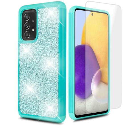 for Samsung Galaxy A32 5G Phone Case Glitter with Tempered Glass Shock proof Edge Scratch Shield Hybrid Layers Slim Bumper Cover