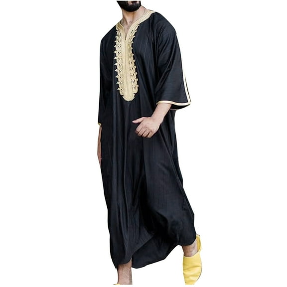 XFYSSS Men's Muslim Robe Arab Middle Robe Long Style Long Sleeve Embroidered Standing Neck Long Shirt Fashion Casual Robe