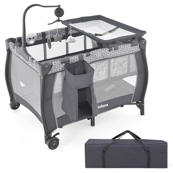 INFANS 3 in 1 Pack and Play, Portable Travel Baby Crib Bassinet with Detachable Mattress, Newborn Changing Table, Foldable Playpen with Carry Bag and 2 Wheels