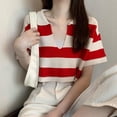 thumbnail image 6 of Women Tops Stripe V-Neck Short Sleeve Cover Loose Wear Short T-Shirts, 6 of 6