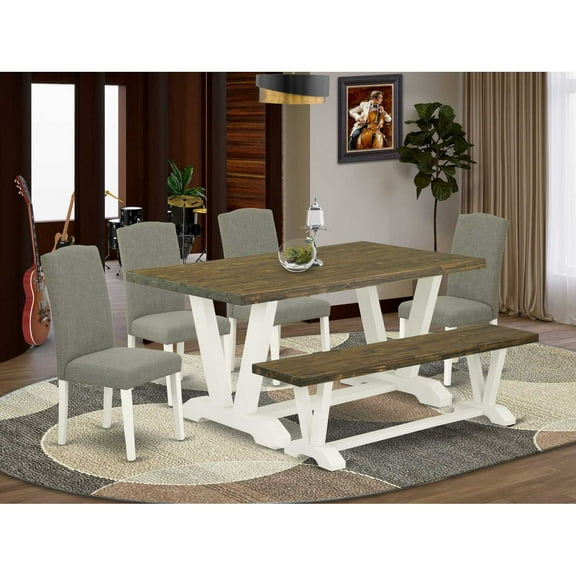 East West Furniture V076EN206-6 6-Piece Fashionable Rectangular Table Set a Superb Distressed Jacobean Wood Dining Table Top and Distressed Jacobean Wood Bench and 4 Stunning Linen Fabric Kitchen...