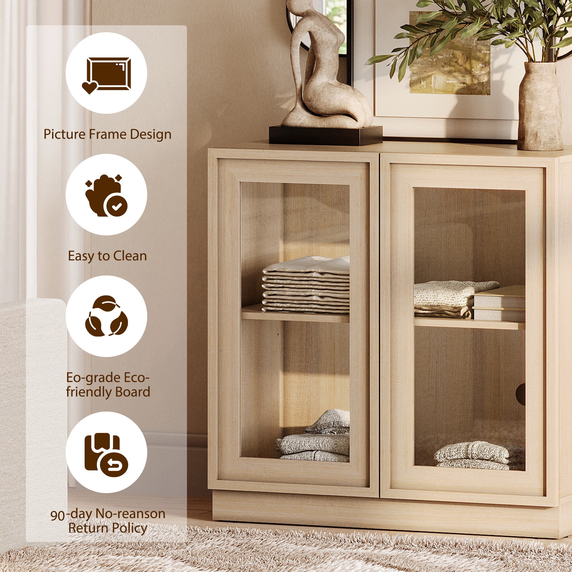 72" Tall Modern Sideboard Buffet Cabinet, Glass Door Storage Cabinet with Adjustable Shelves, Layered Wood Console Cabinet for Dining Room,Living Room, Entryway,Beige