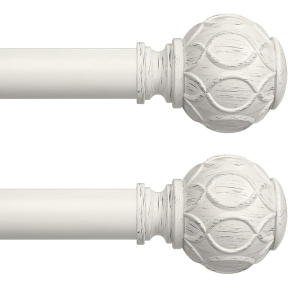 2 Pack Antique White Curtain Rods for Windows 30 to 56 Inch, Adjustable Vintage Decorative 1 Inch Heavy Duty Curtain Rod, Rustic Farmhouse Drapery Pole with Boho Netted Texture Flower Finials