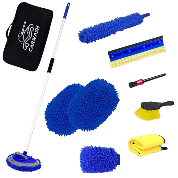 Greatcool 62'' Car Wash Brush with Long Handle Chenille Microfiber Car Wash Mop Mitt Kit Car Detailing Brush Cleaning Kit Window Squeegee Car Duster Drying Towels Tire Brush for Cars RV Truck Boat(B)