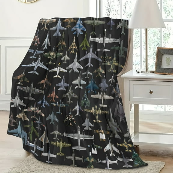 Contemporary Military Jet Aircraft Flannel Throw Blanket, Hypoallergenic, All-Season Multipurpose Knitted Polyester Bedding, Soft Comfortable