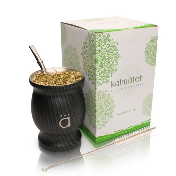Kalmateh Traditional Yerba Mate Gourd- Modern 8.6 oz Mate Cup- Double Walled 18/8 Stainless Steel - Includes Bombilla and Cleaning Brush (Galactic Black)