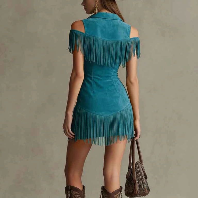 blue suede fringe dress FRINGE HALTER MINI DRESS M