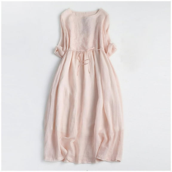 Women's Linen Dress, Embroidered Summer Maxi Dress with Tie Waist, Boho Cotton Long Dress for Women