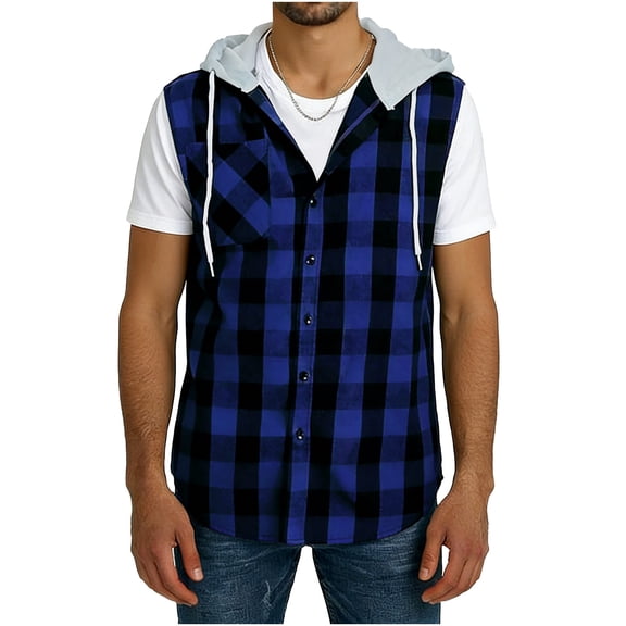 Mens Plaid Button-up Hoodies Loose Fit Short Sleeve Cotton Casual Tops Lightweight Flannel Shirt with Pockets
