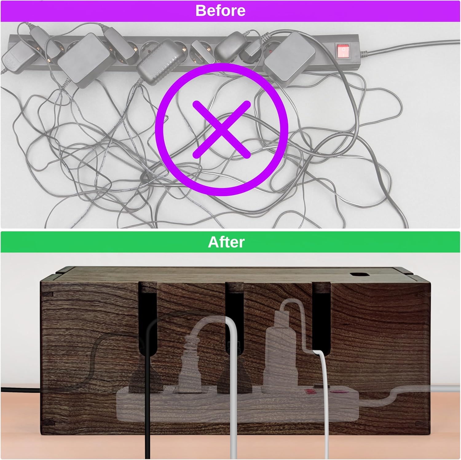 Elitzia Natural Walnut Wood Cable Management Box Desk Wire Organiser with Magnetic Cover for Hiding Messy Cables Cord Storage Tidy Box Suitable for Home Office Computer Desk TRPB02