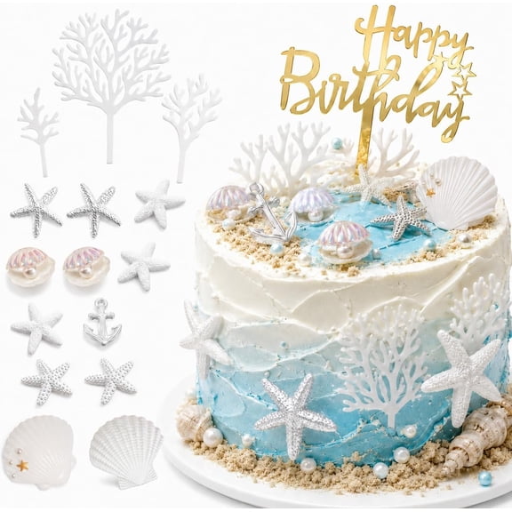 18PCS Starfish Conch Shells Coral Cake Decorations, Gold Birthday Topper