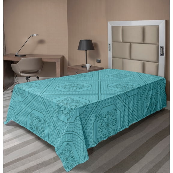 Ambesonne Geometric Flat Sheet, Flourishing Motifs Shapes, Twin Size, Dark Teal and Sea Blue