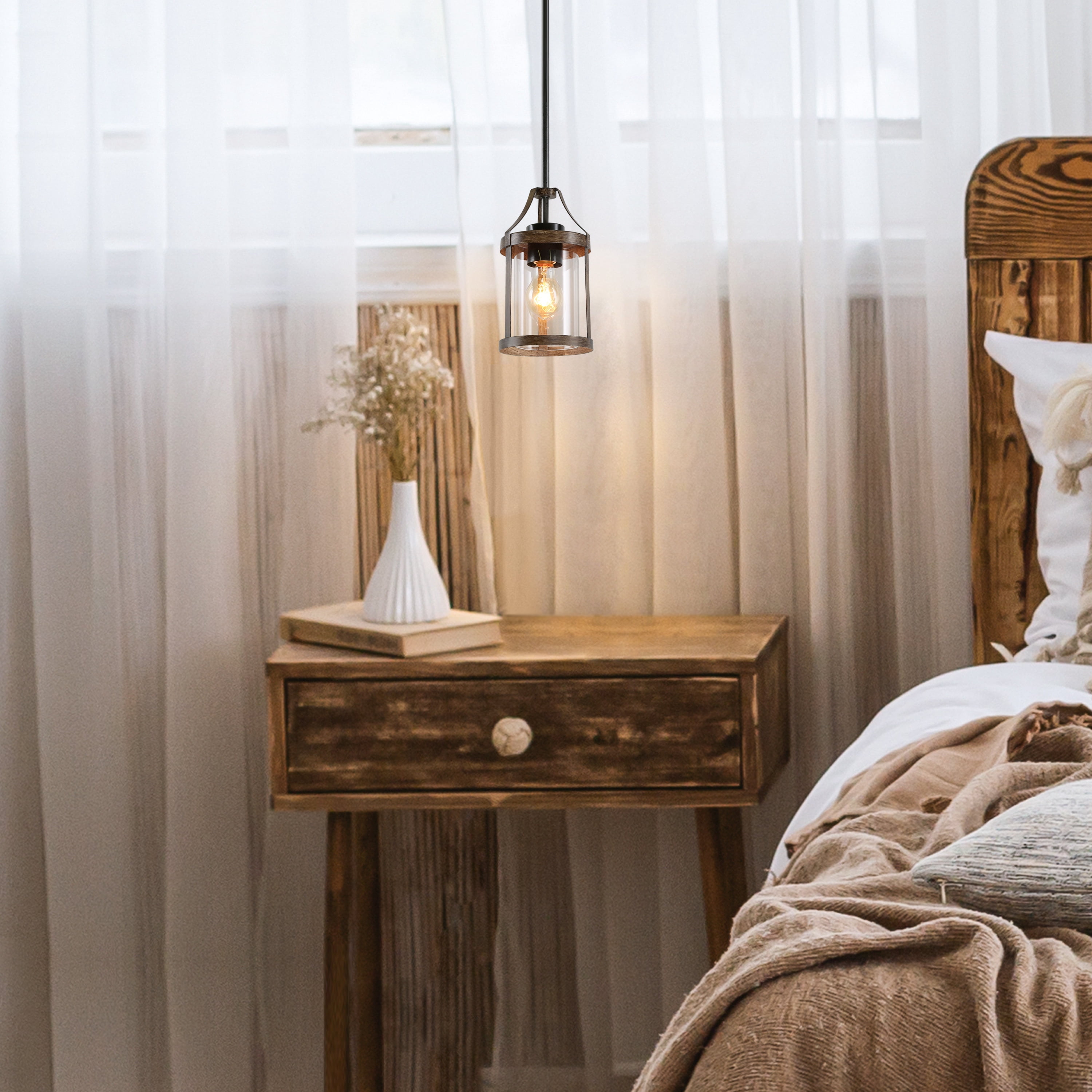 LNC 6-in Farmhouse Wood Lantern Mini Pendant with Clear Glass for Kitchen Island & Entry