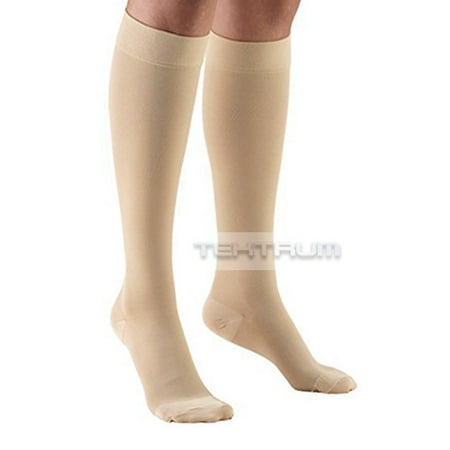 Tektrum (1 pair) Knee High Firm Graduated Compression Socks Stockings 23-32mmHg for Men Women -for Nurses, Maternity Pregnancy, Running, Sports, Flight Travel - Closed Toe, Beige, Large US/X-Large