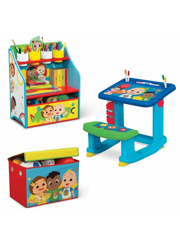 CoComelon 3-Piece Art & Play Toddler Room-in-a-Box by Delta Children  Includes Draw & Play Desk, Art & Storage Station & Fabric Toy Box, Blue