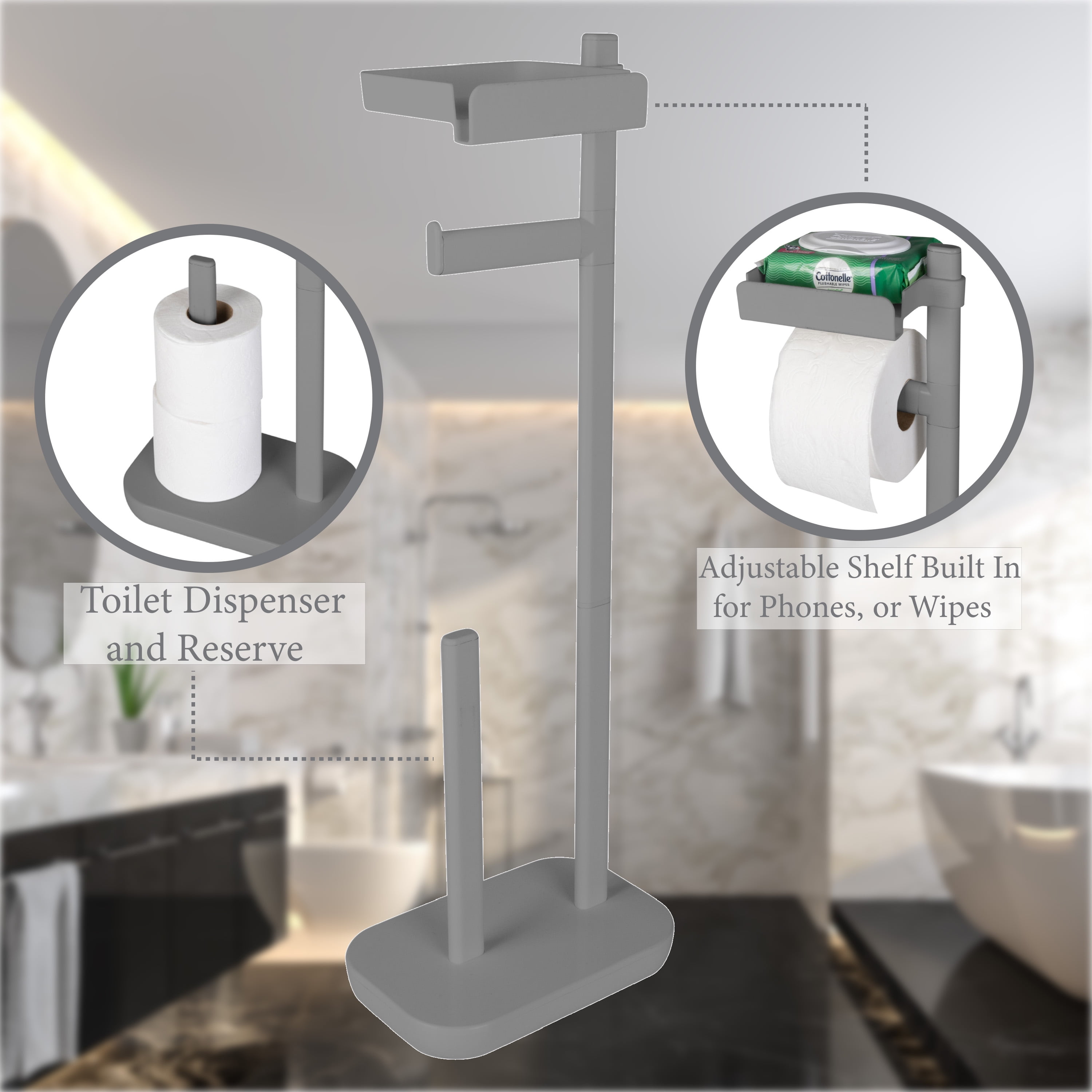 Bath Bliss 3 in 1 Freestanding Toilet Paper Dispenser in Grey