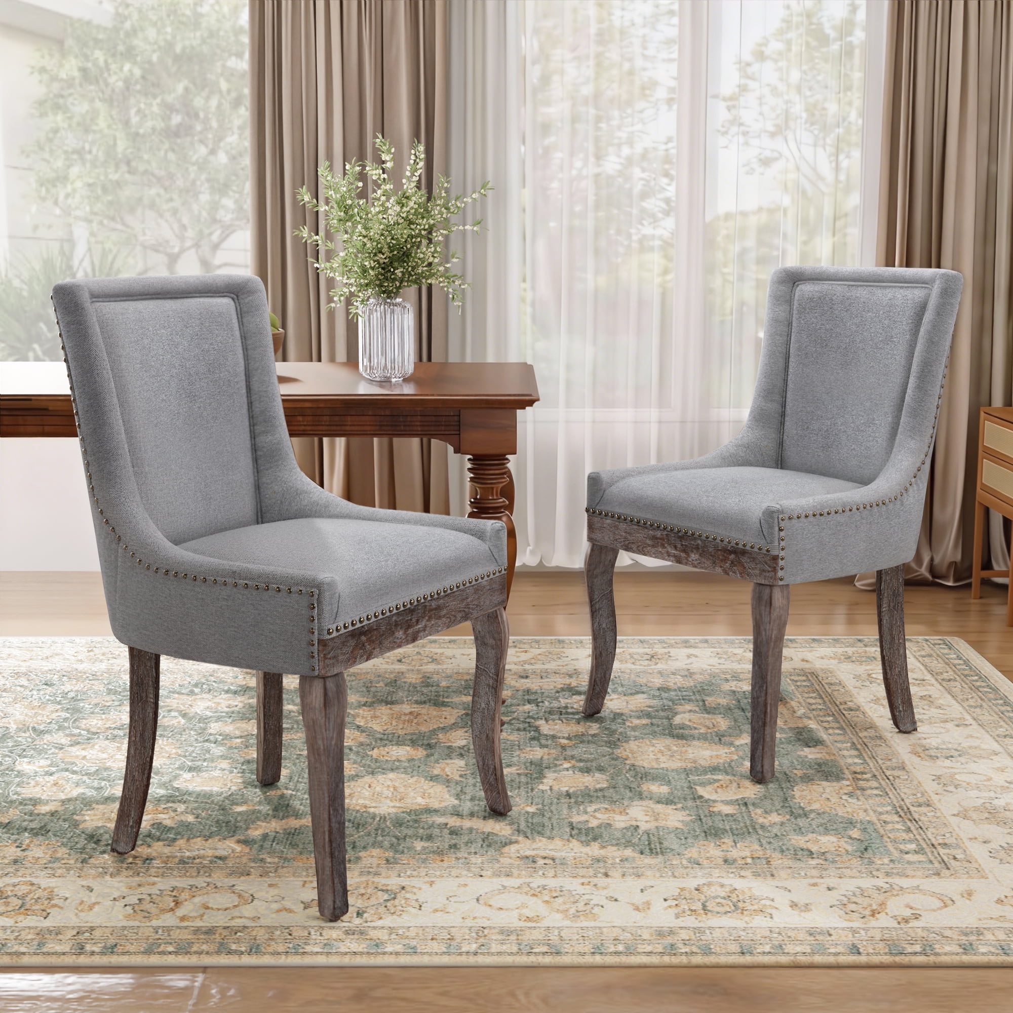 DONICK Vintage Fabric Upholstered Dining Chairs,Solid Wood Kitchen Dining Room Chairs with Nailheads Solid Wood Legs (Gray,Set of 6)
