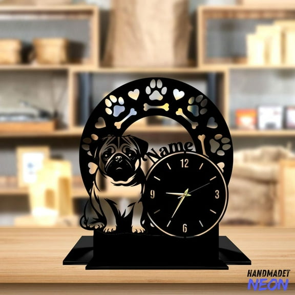 Handmadetneonsign Pug Dog Tabletop Metal Clock, Pug Dog Desktop Clock, Dog Office Desktop Clock 91948