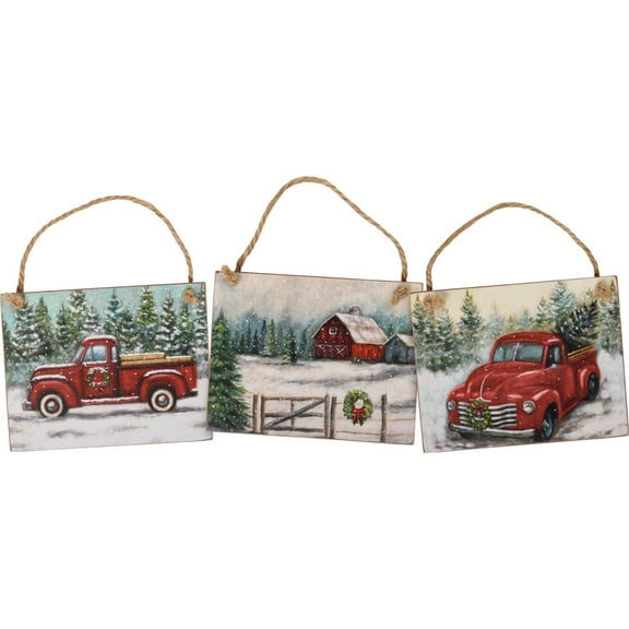 Primitives by Kathy Ornament Set, 3 Farm Life Christmas Red Truck and Barn Ornaments, 4.5 inch Wood