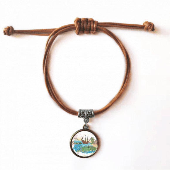 Cancun Mexico Island Mayan Temple Bracelet Leather Hide Rope Wristband Brown Jewelry