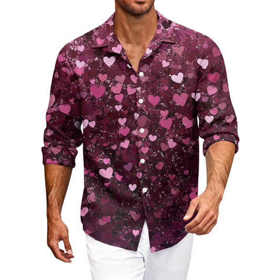 Fgvctg Mens Valentine's Day Shirts Long Sleeve V Neck Button Down Blouses Trendy Date Day Love Heart Print Shirts Oversized Collared Business Casual Outfits Deep Red L