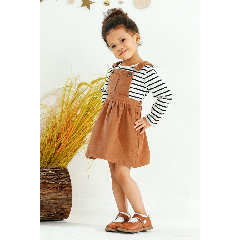 Younger Tree Toddler Baby Girl Fall Dress Outfit Long Sleeve Top Strap Dress Overall with Pocket Clothes Set for 6-12 Months, Infant Girl's, Brown